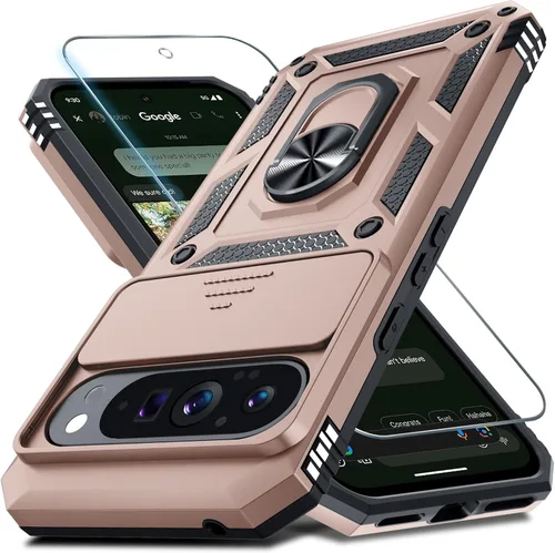 Vista 21 de Janmitta - Funda compatible con Google Pixel 9 Pro XL con cubierta deslizante para lente de cámara incorporada + protector de pantalla + soporte