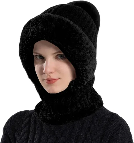 Vista 26 de Gorro de Invierno para Mujer de Una Pieza con Forro Polar Pasamontañas de Punto Conjunto con Bufanda Circular para Cuello Gorro de Esquí para Nieve