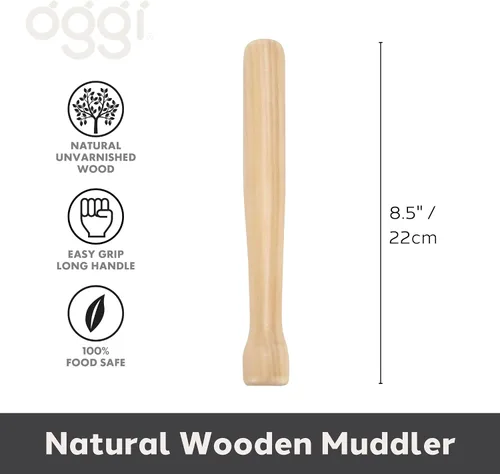 Vista 2 de OGGI Muddler largo para cócteles, madera, 8.5 pulgadas/8.7 in – Accesorios ideales para barman, accesorios de cóctel, muddler de bebidas, muddler