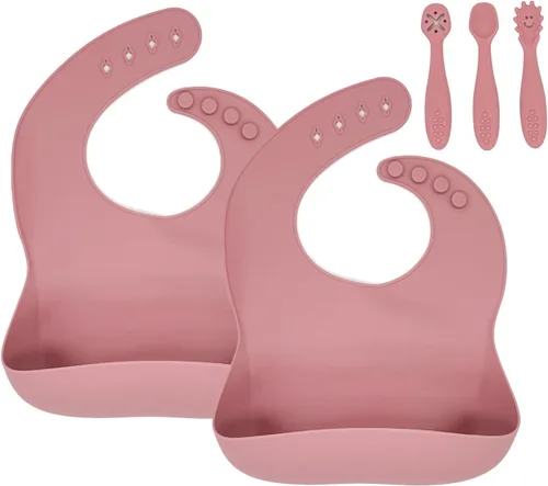 Vista 8 de Baberos de silicona para bebés, 2 unidades, con cucharas de silicona para bebés, impermeables, suaves