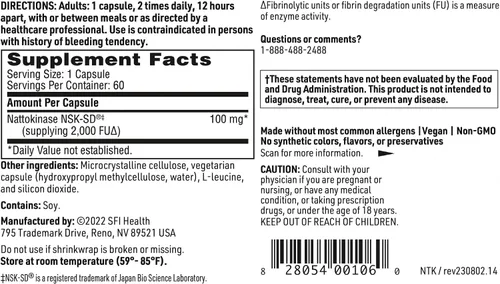 Vista 5 de Klaire Labs SFI Health Nattokinase NSK-SD - Enzima proteolítica para apoyo cardiovascular, sin lácteos y sin gluten (60 cápsulas)