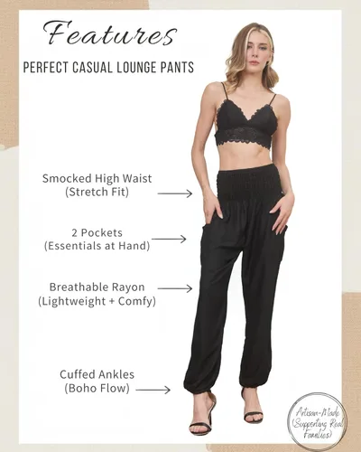 Vista 2 de Boho Pants Pantalones harén fluidos de 2 bolsillos para mujer, para yoga, viajes, ropa hippie