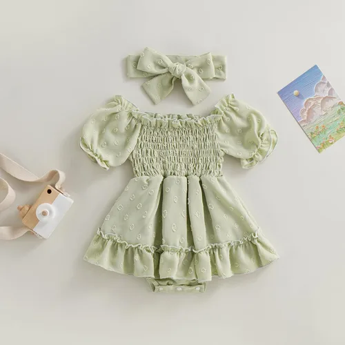 Vista 3 de Mameluco para bebés y niñas de 3, 6, 9, 12, 18 meses, enterizo de manga corta, fruncido, faldas y dobladillo, diadema