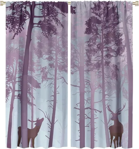 Vista 36 de Cortinas opacas con diseño de ciervos, bosque brumoso, rústico, vida silvestre, alce, montaña, pájaros, pino, bosque, cortinas de ventana