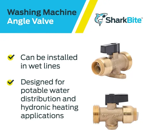Vista 4 de SharkBite Válvula de ángulo para lavadora MHT de 1/2 pulgada x 3/4 pulgada, accesorio de plomería de latón de conexión a presión, tubería PEX