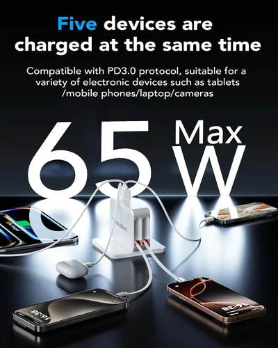 Vista 5 de Cargador de 65 W para MacBook Pro, enchufe de cargador de pared retráctil 5 en 1 para iPhone Blanco