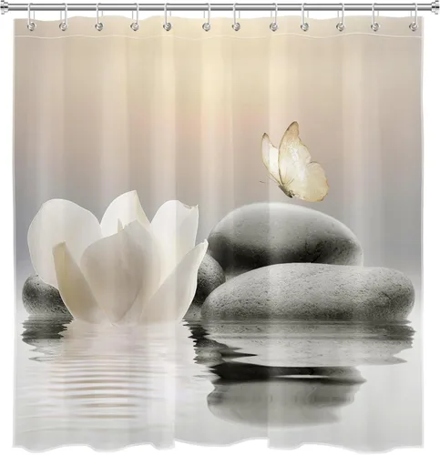 Vista 3 de HVEST Cortina de ducha Zen floral para baño, cortina de ducha de piedra zen y flor blanca, mariposa amarilla con ganchos, cortinas de baño modernas