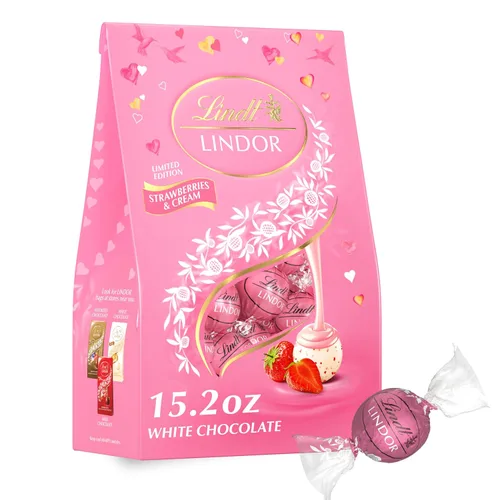 Vista 16 de Lindt LINDOR - Trufas de chocolate blanco con fresas y crema para San Valentín, bolsa de 5.1 oz