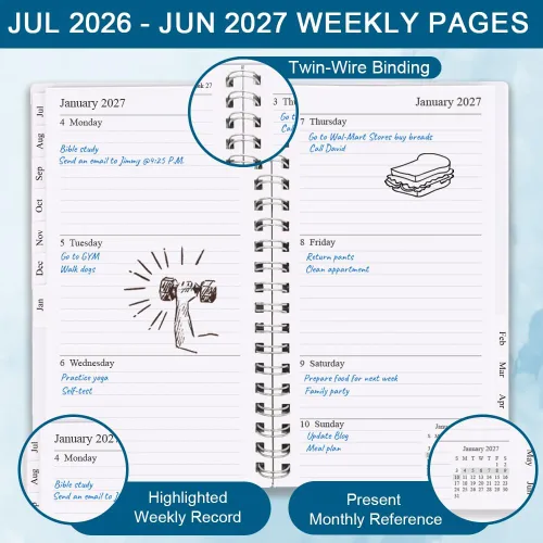Vista 2 de Planificador/Calendario de Bolsillo 2026 - Cuaderno y Diario Organizador Semanal y Mensual A6 para Seguir Objetivos, Fácil de Organizar tu Vida Azul