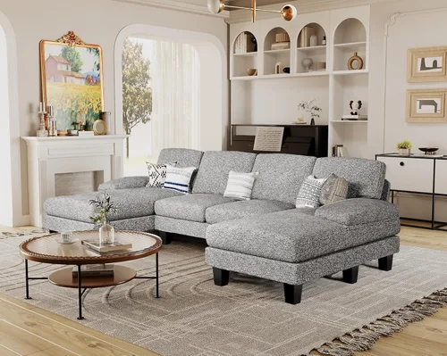 Vista 10 de Furmax - Sofás seccionales para sala de estar, sofá en forma de U con tela de lino, juego de sofá de 4 plazas con doble chaise para apartamento Beige