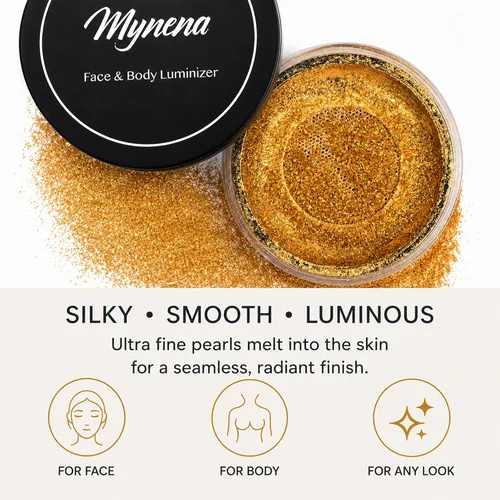 Vista 7 de Polvo resaltador facial y corporal Mynena Warm Gold Suave, rocío, iluminador