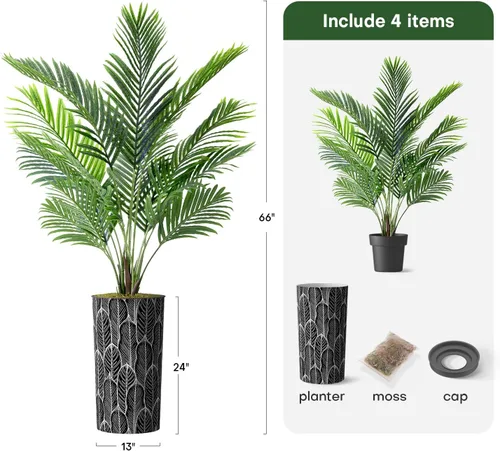 Vista 3 de Árbol artificial con diseño de hojas blancas y negras, palmera tropical areca artificial de seda para decoración del hogar en interiores y Diseño
