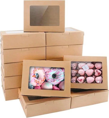 Vista 8 de 20 cajas de panadería marrones de 8 x 6 x 2.5 pulgadas con ventana, cajas de galletas para embalaje, cajas de golosinas para cupcakes, día de San