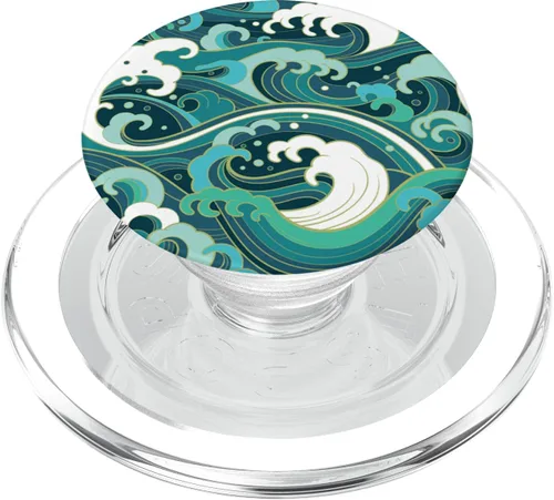 Vista 9 de Ocean Wave Surf Playa Arte Japonés Azul Verde – PopSockets Grip y soporte para teléfonos y tabletas, Negro