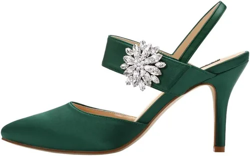 Vista 3 de ERIJUNOR Zapatos de tacón medio para mujer, con punta puntiaguda, broche de diamantes de imitación, zapatos de vestir de satén, zapatos de noche