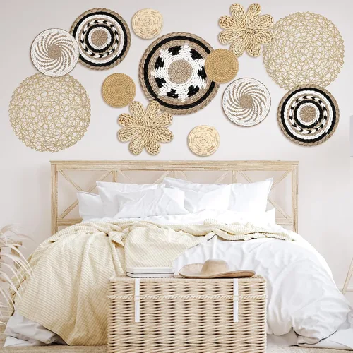 Vista 2 de Glenmal Juego de 13 cestas de pared estilo boho decoradas con ratán tejido plano hecho a mano, estilo bohemio de mimbre y bambú con decoración