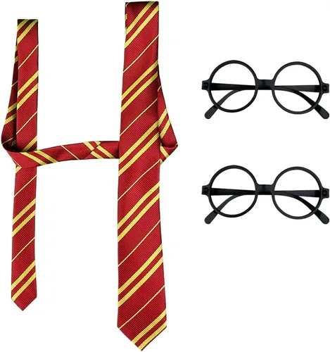 Vista 4 de 1 corbata de mago + 2 gafas de mago, corbata de cosplay, gafas de plástico para disfraz, marco redondo negro, sin lentes para el día de la escuela