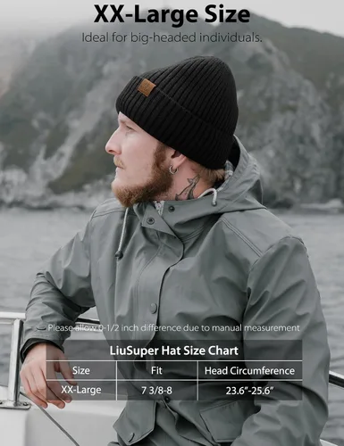 Vista 2 de LiuSuper Gorro XXL de gran tamaño para hombres y mujeres, gorro de invierno cálido extragrande para cabezas grandes, forrado y elástico Negro
