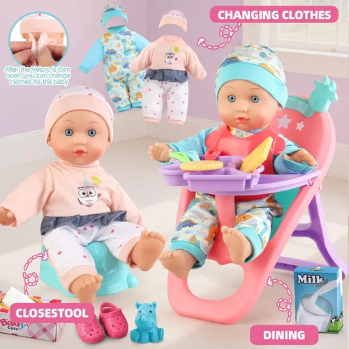 Vista 5 de YIYBM Juego de Cochecito de Muñeca Bebé con Muñeca Bebé de 12.5", Silla de Comedor, 2 Juegos de Ropa y 20 PCS Accesorios para Muñecas. Juguete