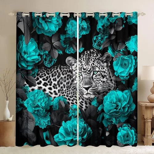 Vista 23 de Erosebridal Cortinas de Rosas Rojas 3D Tratamientos para Ventanas de Guepardo, Paneles de Cortinas con Estampado de Gato Leopardo para Sala