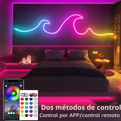 Vista 2 de Cuerda de luces LED de neón de 16.4 pies con aplicación o control remoto, luces LED flexibles, múltiples modos, luces de neón RGB para exteriores