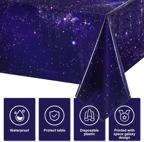 Vista 4 de Tatuo 1 paquete de mantel rectangular de plástico con galaxia, estrella espacial, nebulosa morada, desechable, cielo nocturno estrellado