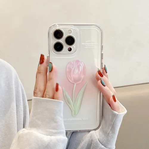 Vista 6 de Funda para iPhone 13 Pro Max, bonita funda estética de tulipanes rosas transparentes para mujeres y niñas