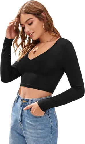 Vista 3 de Verdusa Camiseta corta ajustada de manga larga con cuello en V para mujer
