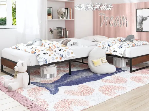 Vista 7 de HOOMIC Base de cama de plataforma de metal de 14 pulgadas con estribo de madera rústica, base de colchón con almacenamiento, listones de metal, sin