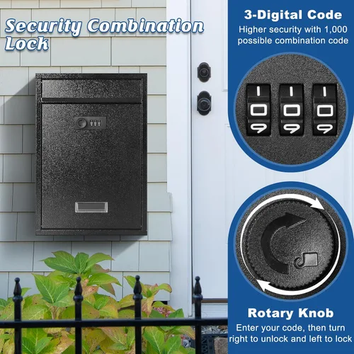 Vista 5 de KYODOLED Buzón de pared con bloqueo, buzón con cerradura de combinación para exterior, caja de seguridad para llaves de efectivo con código