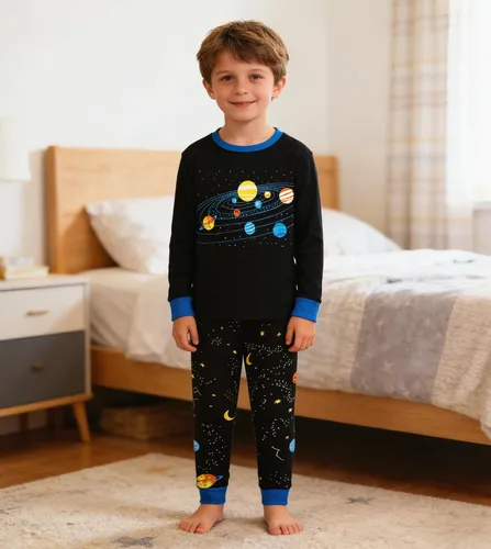 Vista 2 de Pijamas para Niños Pequeños, Conjunto de Ropa para Niños Pequeños, Ropa de Dormir de Planeta y Tren, Manga Larga, 100% Algodón, 2 Piezas, Pijamas
