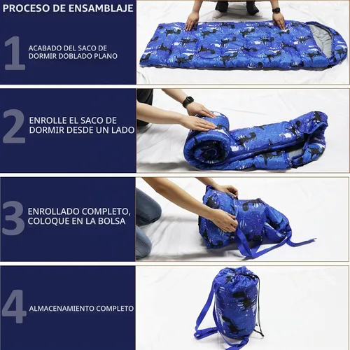 Vista 6 de Sacos de dormir para niños - Sacos de dormir para acampar con bolsa de transporte - Saco de dormir compacto para senderismo, mochilero para 3 Azul