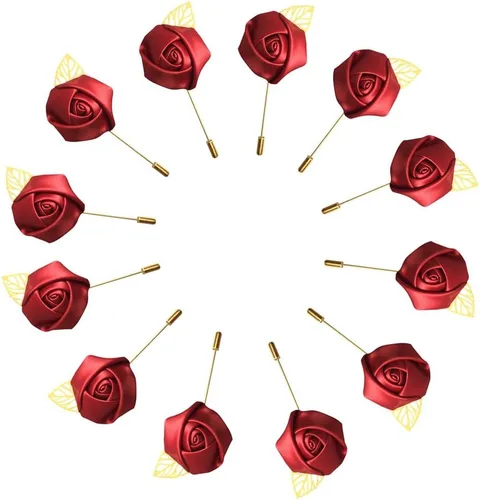 Vista 7 de 12 unids/lote Novio Boutonniere boda seda rosa (1.4 in) flores accesorios Prom Pin hombre traje decoración azul