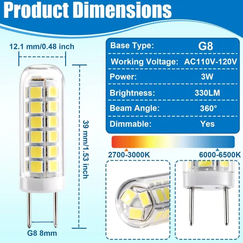Vista 2 de Paquete de 2 bombillas LED G8 para microondas GE, 3 W, 120 V, 330 lúmenes, luz diurna 6000 K, reemplazo halógeno regulable de 25 W, compatible