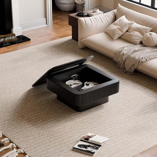 Vista 2 de Mesa de café cuadrada pequeña con almacenamiento, mesa de café moderna de madera con chapa de madera maciza, mesa central estriada