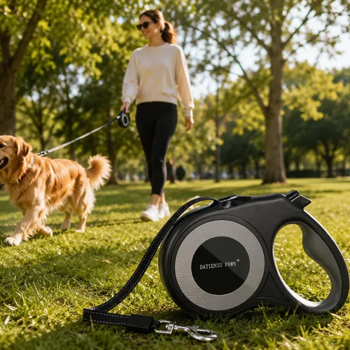 Vista 2 de Correa retráctil para perro, cinta de nailon fuerte de 16 pies, puntada reflectante para caminar por la noche, freno con una sola mano, mango Negro