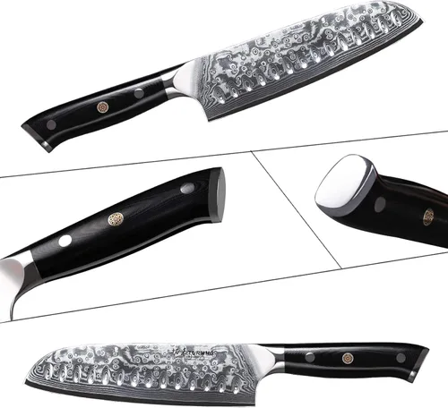 Vista 7 de TURWHO Cuchillo Santoku Profesional 7 pulgadas - Cuchillo de chef japonés clásico, patrón de damasco, acero VG-10