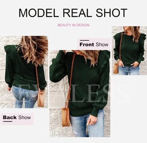 Vista 4 de EVALESS Suéteres de cuello redondo para mujer, con textura, con volantes, sueltos, de punto grueso