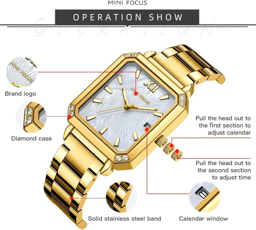 Vista 5 de Mini Focus - Reloj de pulsera elegante para mujer (caja de diamantes, esfera de madre de peramanecilla luminosacalendario) reloj de acero inoxidable