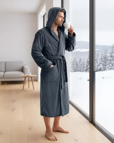 Vista 5 de NY Threads Bata de baño con capucha para hombre, de felpa de lujo, con capucha, bata de baño de spa para hombre