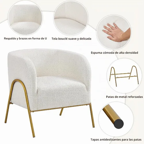 Vista 3 de Yaheetech - Silla decorativa moderna, con patas doradas, color marfil Boucle Fabric Vanity Chair, Cozy Fuzzy Armchair for Living Room Makeup Room