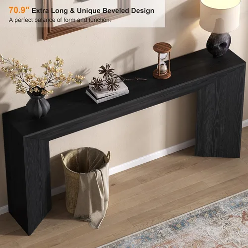 Vista 7 de knoworld Mesa consola de 70.9 pulgadas de largo, mesa de entrada de granja con base triangular resistente, mesa de sofá estrecha de madera detrás