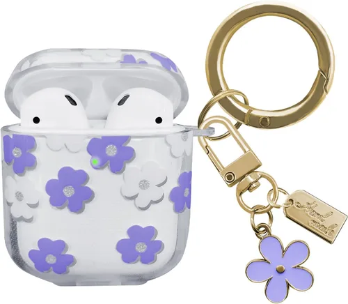 Vista 12 de Funda compatible con AirPods, funda de TPU suave con bonito patrón de flores para AirPods de 2 y 1 generación con llavero colgante y mosquetón