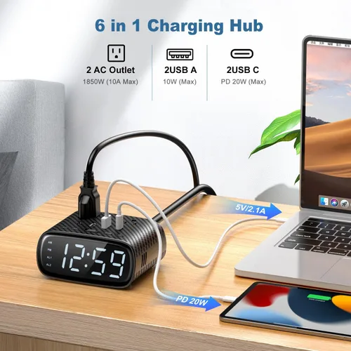 Vista 3 de Sussex Reloj despertador con 2 USB-C, 2 cargadores USB-A, 2 tomas de corriente, 2 tomacorrientes, pantalla LED, reloj digital regulable con función