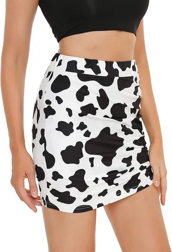 Vista 4 de Falainetee Minifalda ajustada de cintura alta con estampado de vaca y bloque de color para mujer