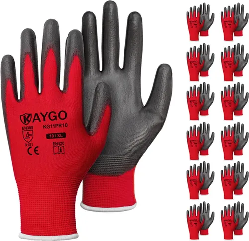 Vista 44 de KAYGO KG11PB - Guantes de trabajo de seguridad con revestimiento de poliuretano, 12 pares de guantes de punto sin costuras para hombres y mujeres