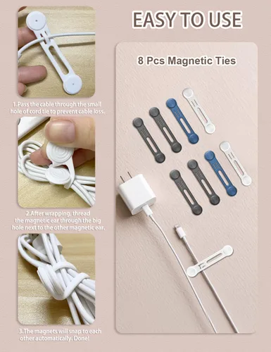 Vista 3 de Kanemc Paquete de 8 lazos giratorios magnéticos, atadura de cable magnética de silicona reutilizable para USB, auriculares, cargador, cables