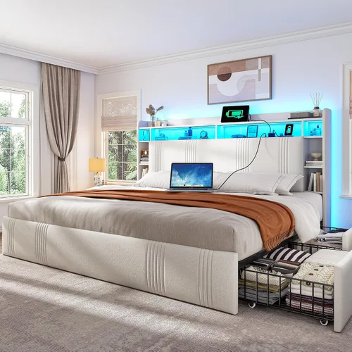Vista 9 de EnHomee Base de cama de tamaño matrimonial con 4 cajones de almacenamiento y cabecero tapizado, marco de cama matrimonial con LED, estación de carga