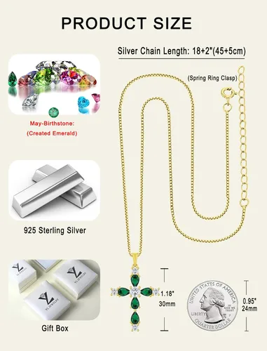 Vista 37 de YL Collar de cruz de plata de ley 925 con colgante de piedra natal religiosa para mujer