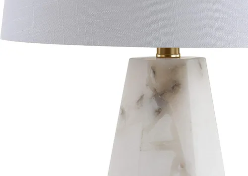 Vista 6 de JONATHAN Y Lámpara de mesa moderna de alabastro natural/latón dorado de 25.5 pulgadas para dormitorio, pantalla de lino blanco, lámpara de mesita
